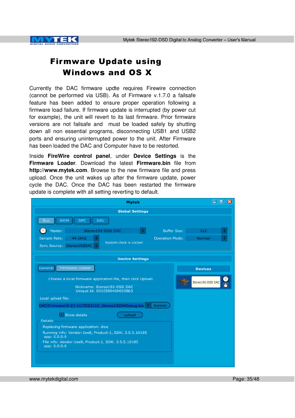 Fir mware update using w indows and os x | Mytek Digital Stereo 192-DSD DAC (v.2.0) User Manual | Page 35 / 48