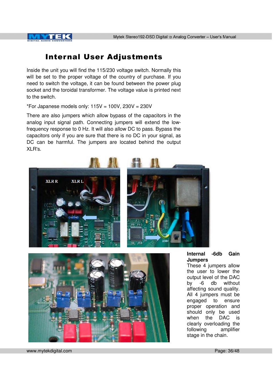 Inter nal user adjustments | Mytek Digital Stereo 192-DSD DAC (v.2.0) User Manual | Page 36 / 48