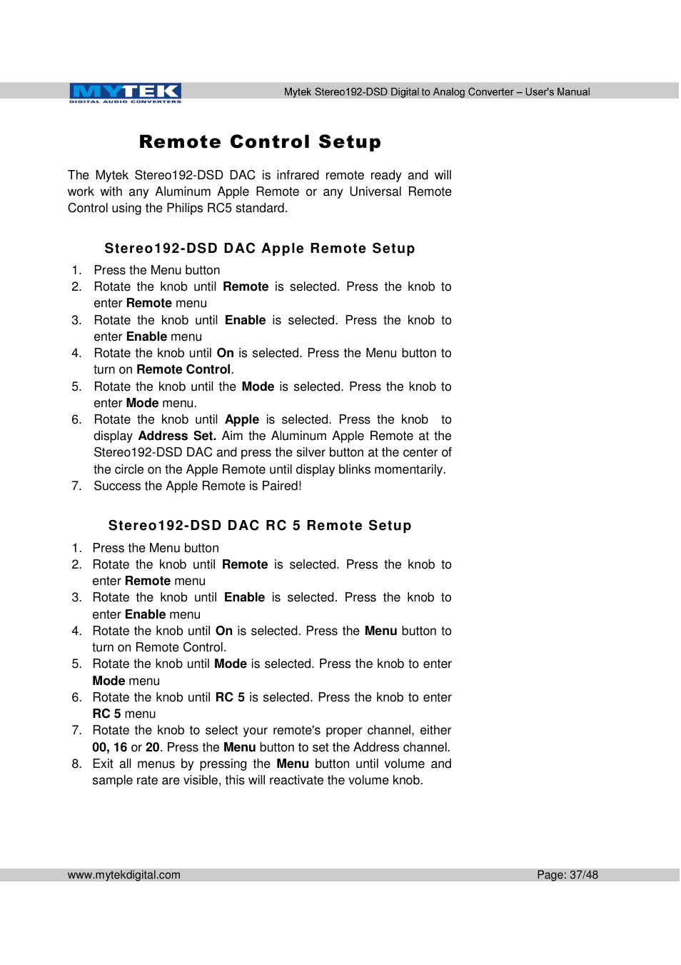 Remote control setup | Mytek Digital Stereo 192-DSD DAC (v.2.0) User Manual | Page 37 / 48