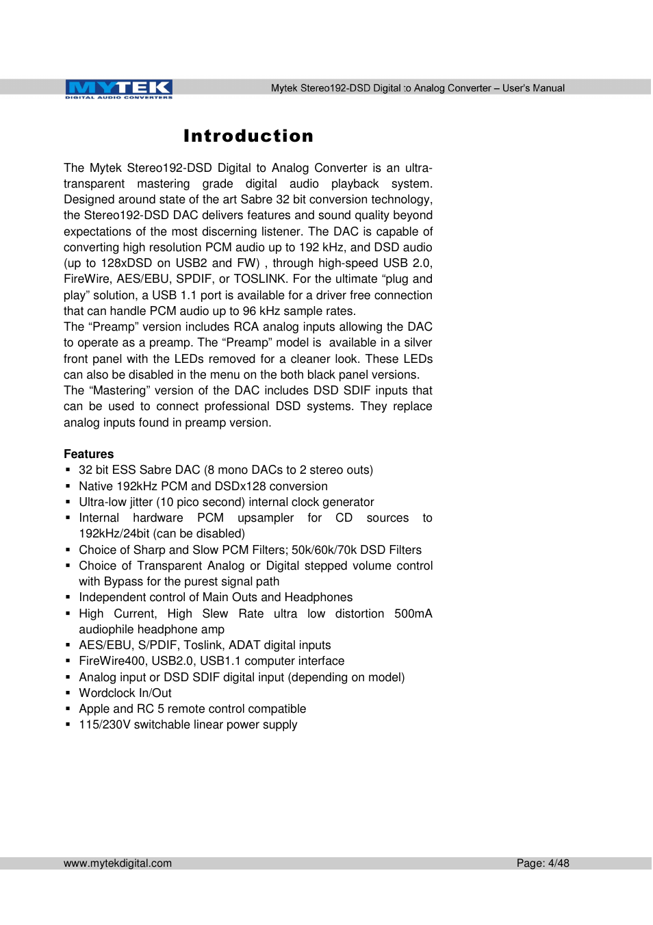 Introduction | Mytek Digital Stereo 192-DSD DAC (v.2.0) User Manual | Page 4 / 48