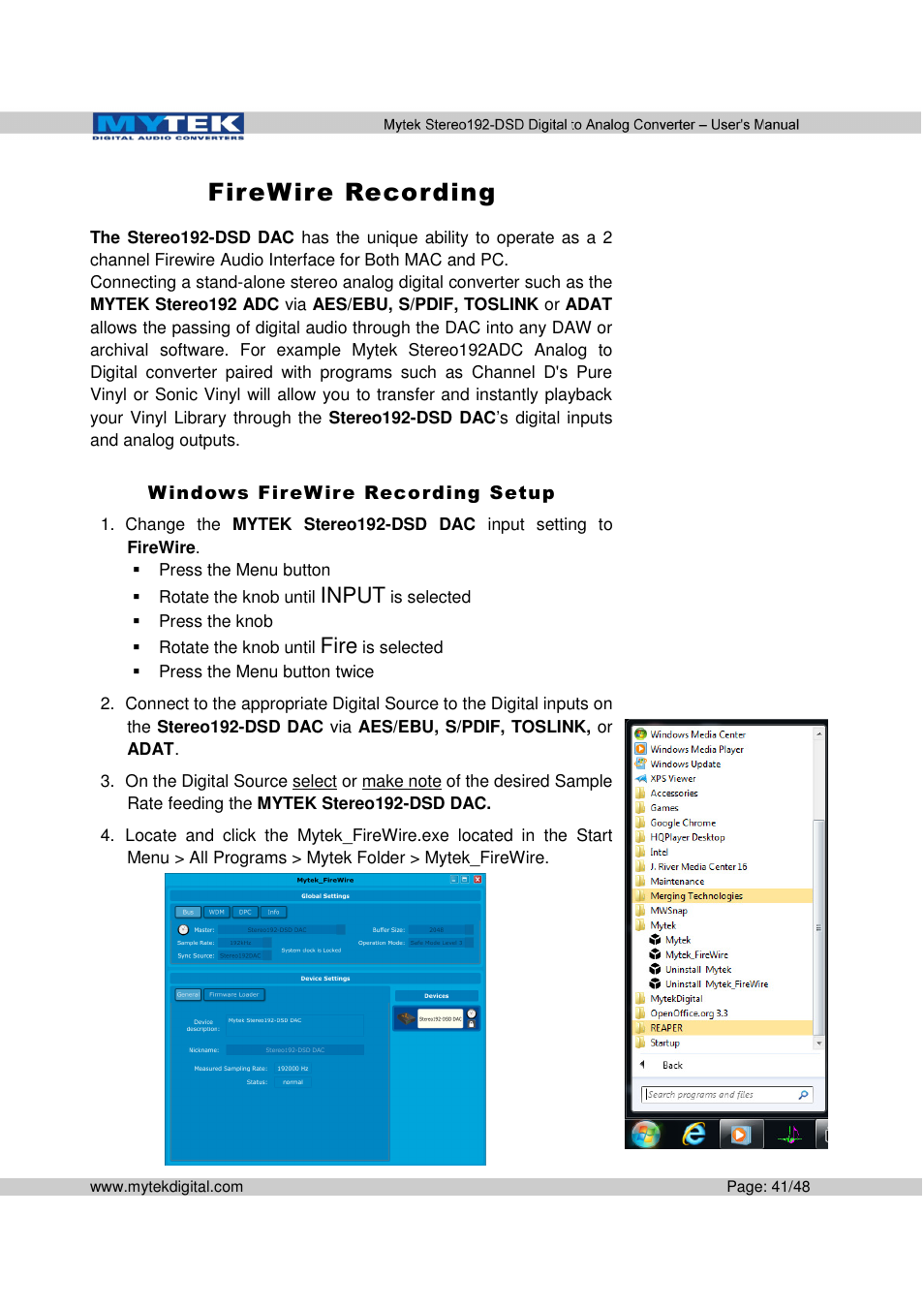 Firew ire recording, Input, Fire | Mytek Digital Stereo 192-DSD DAC (v.2.0) User Manual | Page 41 / 48