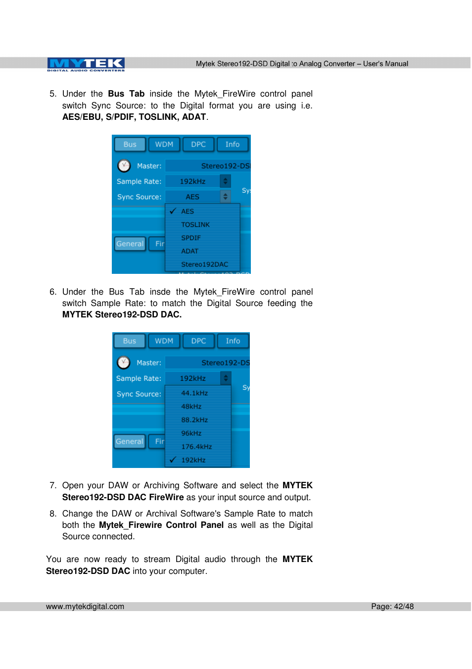 Mytek Digital Stereo 192-DSD DAC (v.2.0) User Manual | Page 42 / 48