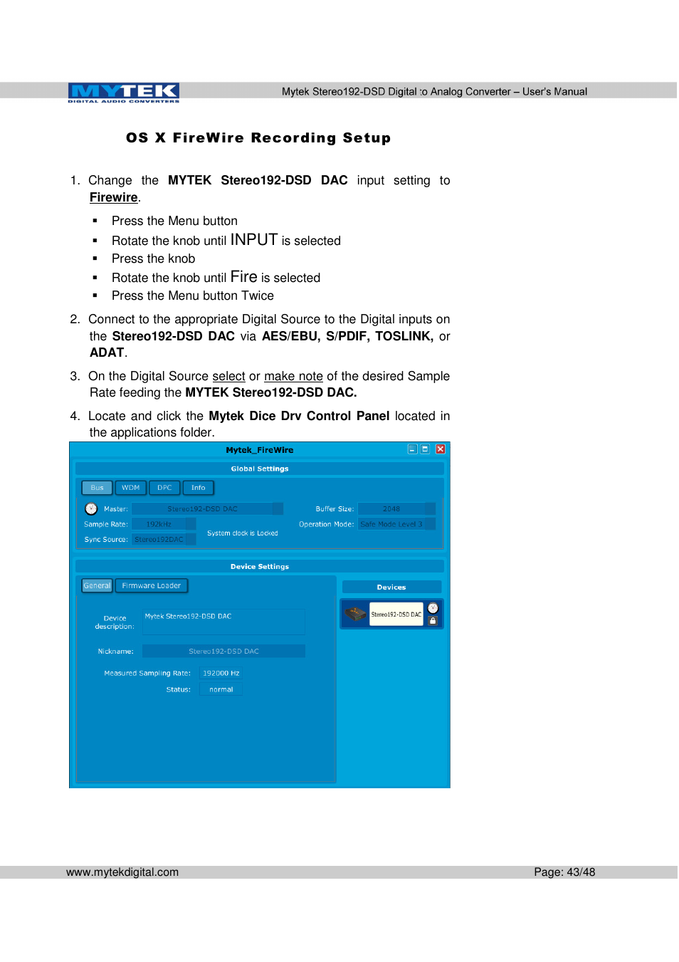 Input, Fire | Mytek Digital Stereo 192-DSD DAC (v.2.0) User Manual | Page 43 / 48