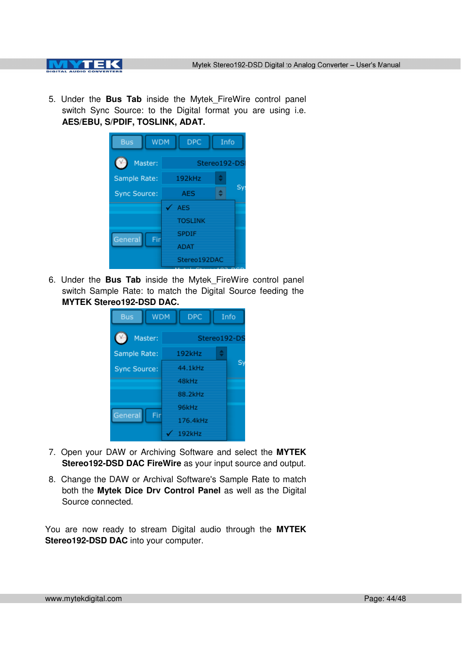Mytek Digital Stereo 192-DSD DAC (v.2.0) User Manual | Page 44 / 48