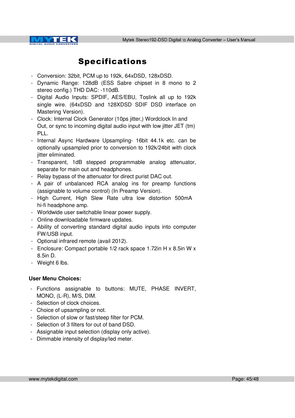 Specifications | Mytek Digital Stereo 192-DSD DAC (v.2.0) User Manual | Page 45 / 48
