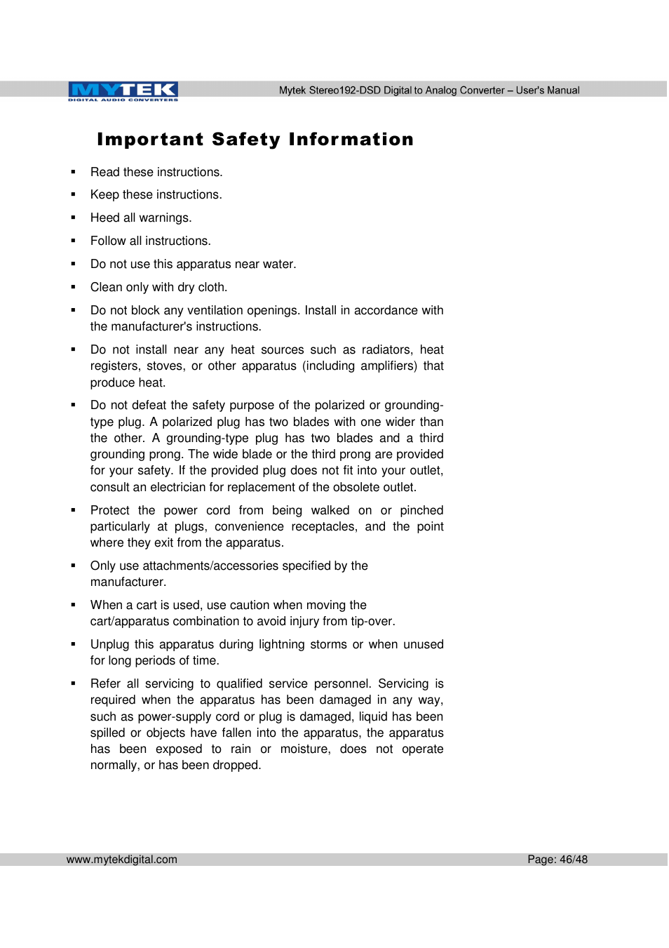 Impor tant safety infor mation | Mytek Digital Stereo 192-DSD DAC (v.2.0) User Manual | Page 46 / 48