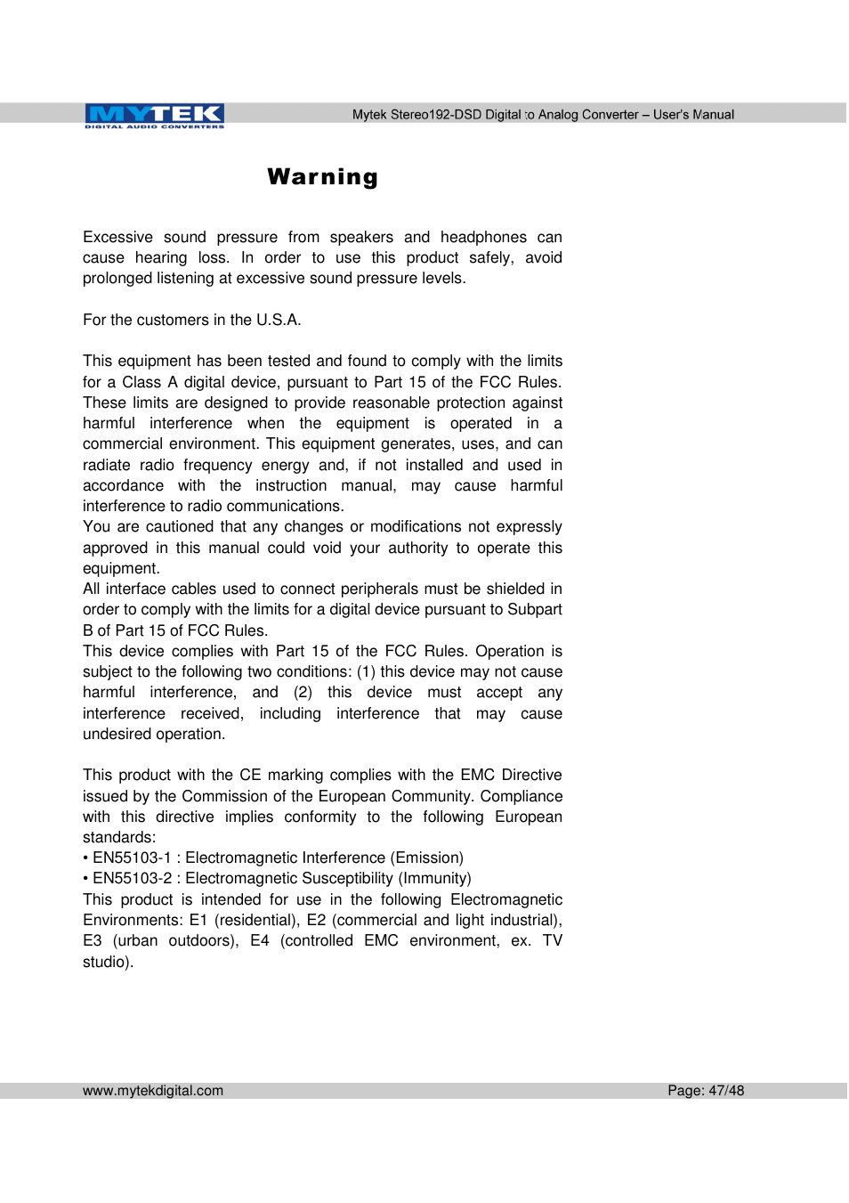 War ning | Mytek Digital Stereo 192-DSD DAC (v.2.0) User Manual | Page 47 / 48