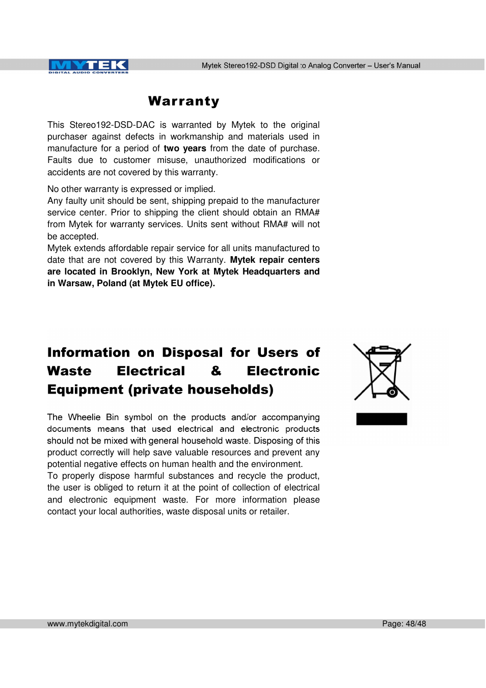 War ranty | Mytek Digital Stereo 192-DSD DAC (v.2.0) User Manual | Page 48 / 48