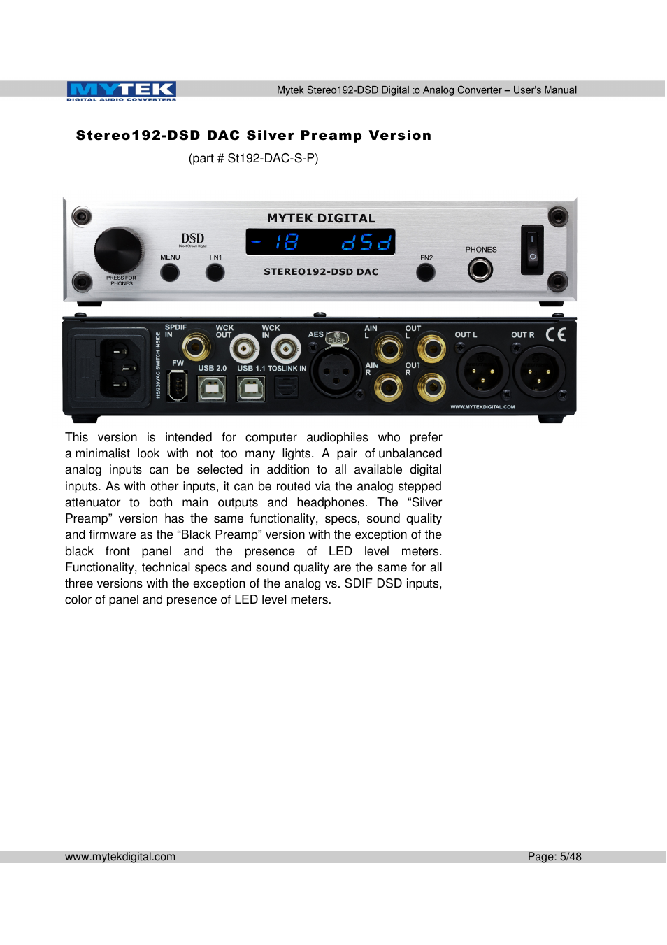 Mytek Digital Stereo 192-DSD DAC (v.2.0) User Manual | Page 5 / 48