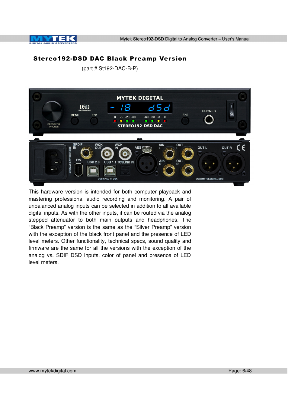 Mytek Digital Stereo 192-DSD DAC (v.2.0) User Manual | Page 6 / 48