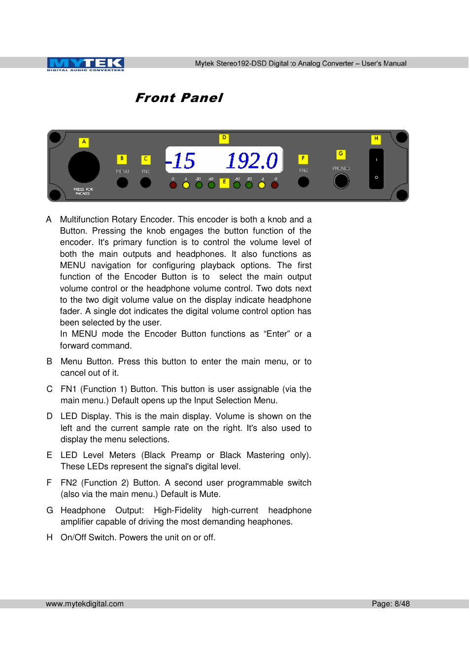 Mytek Digital Stereo 192-DSD DAC (v.2.0) User Manual | Page 8 / 48