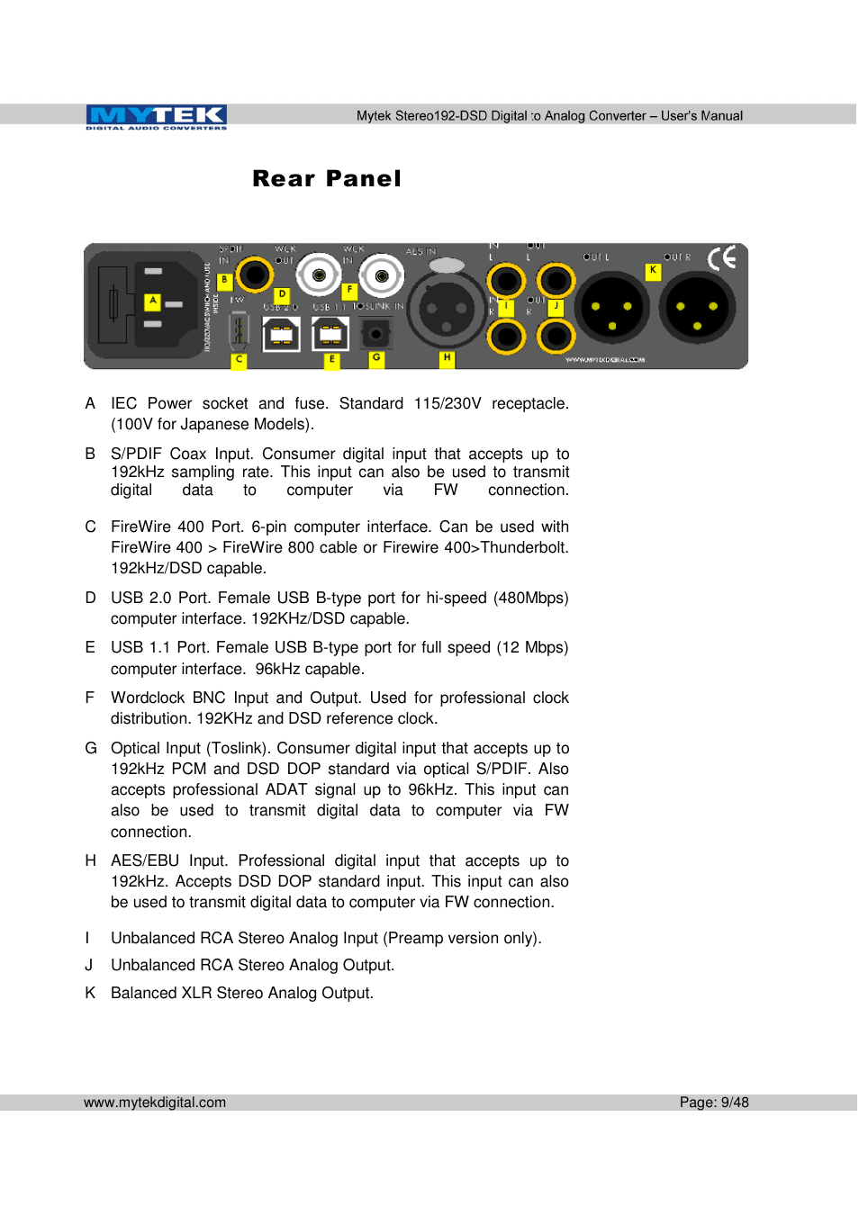 Mytek Digital Stereo 192-DSD DAC (v.2.0) User Manual | Page 9 / 48