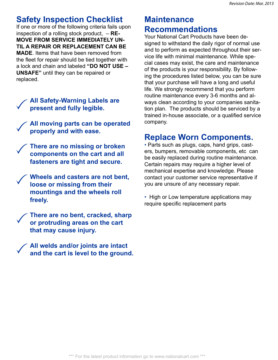 Safety inspection checklist, Maintenance recommendations, Replace worn components | National Cart AL-UB-2248-1PH ALUMINUM UTILITY CARTS (U-BOAT) User Manual | Page 3 / 12