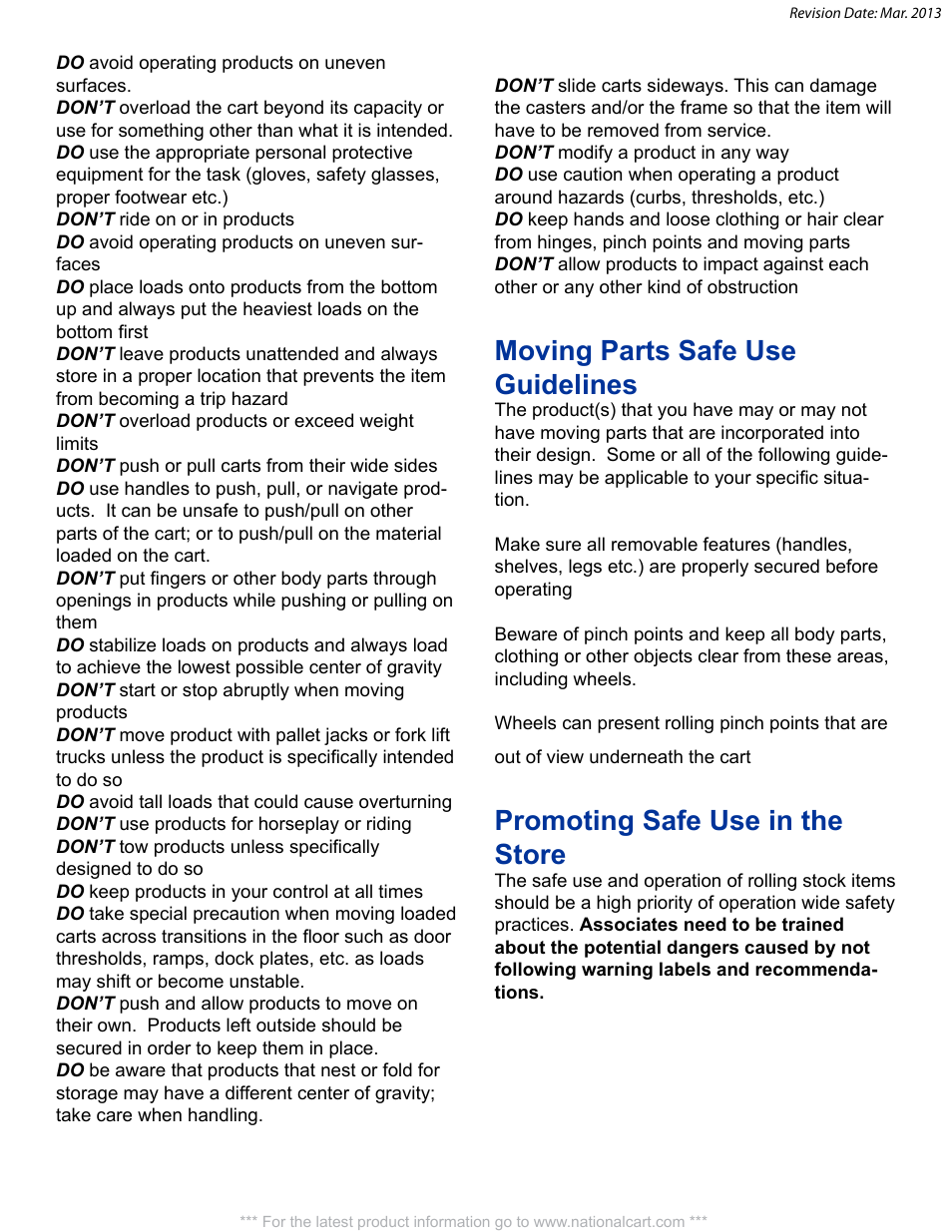 Moving parts safe use guidelines, Promoting safe use in the store | National Cart AL-UB-2248-1PH ALUMINUM UTILITY CARTS (U-BOAT) User Manual | Page 6 / 12