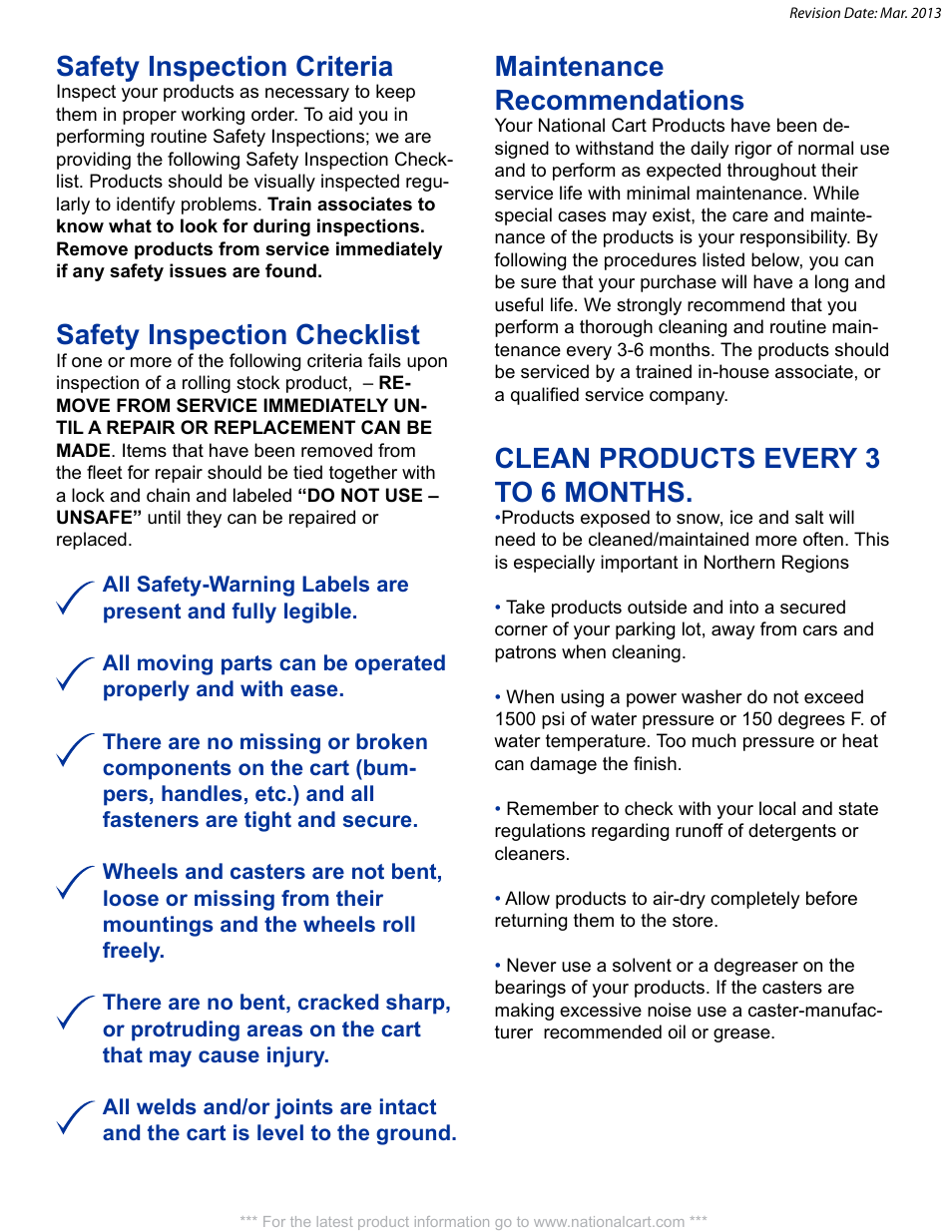 Safety inspection criteria, Safety inspection checklist, Maintenance recommendations | Clean products every 3 to 6 months | National Cart AL-UB-2248-1PH ALUMINUM UTILITY CARTS (U-BOAT) User Manual | Page 7 / 12