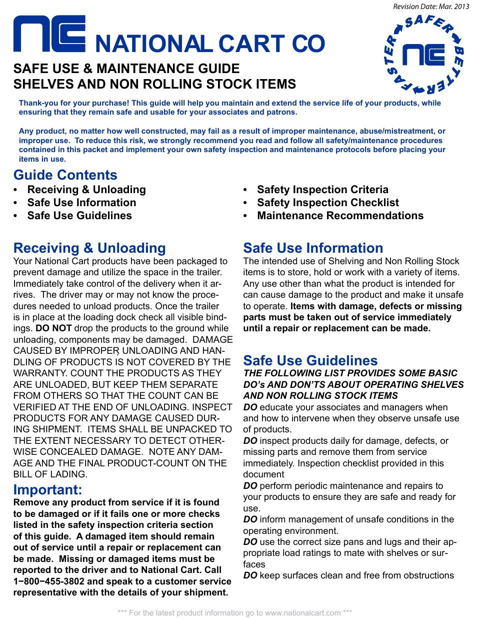 Shelves safety, National cart co, Guide contents | Receiving & unloading, Important, Safe use information, Safe use guidelines | National Cart 1660-DD HEAVY DUTY U-BOAT User Manual | Page 5 / 8