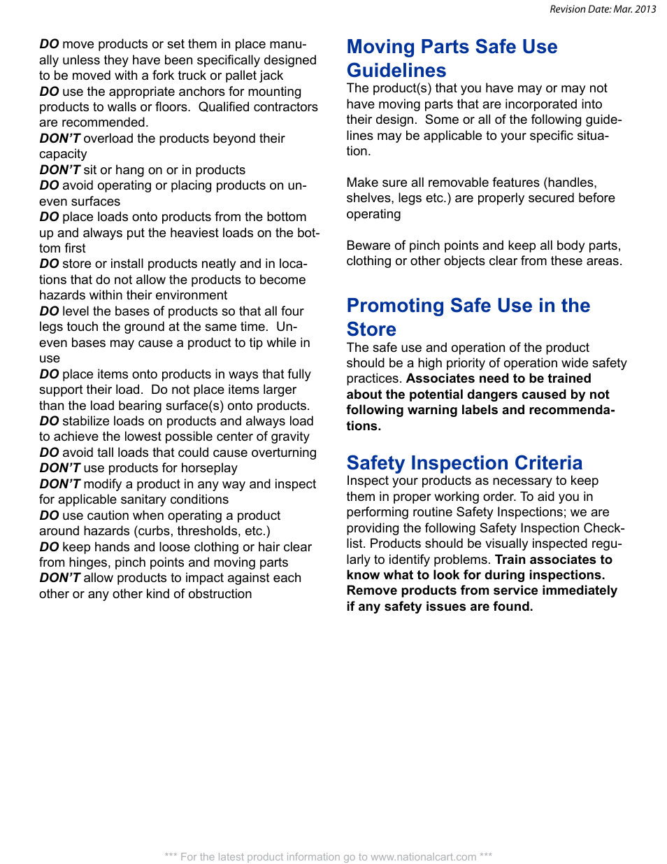 Moving parts safe use guidelines, Promoting safe use in the store, Safety inspection criteria | National Cart 1660-DD HEAVY DUTY U-BOAT User Manual | Page 6 / 8