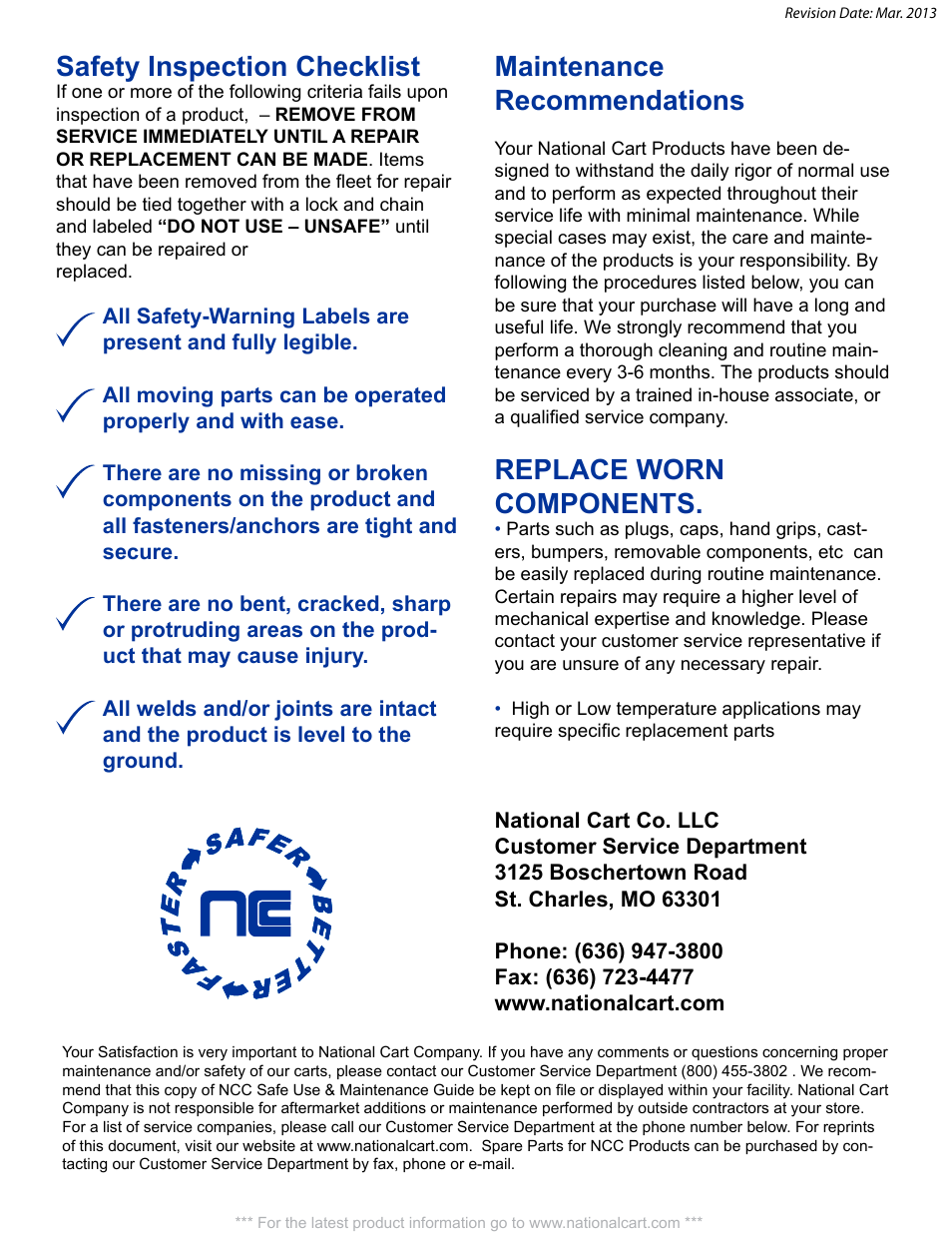 Safety inspection checklist, Maintenance recommendations, Replace worn components | National Cart 1660-DD HEAVY DUTY U-BOAT User Manual | Page 7 / 8