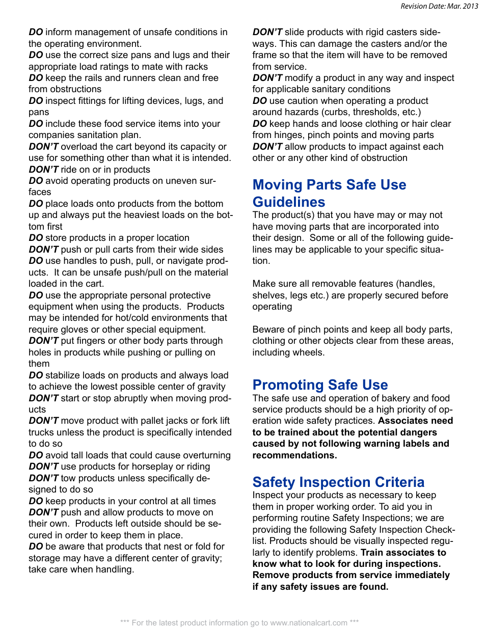 Moving parts safe use guidelines, Promoting safe use, Safety inspection criteria | National Cart SAMPLING STAND User Manual | Page 2 / 8