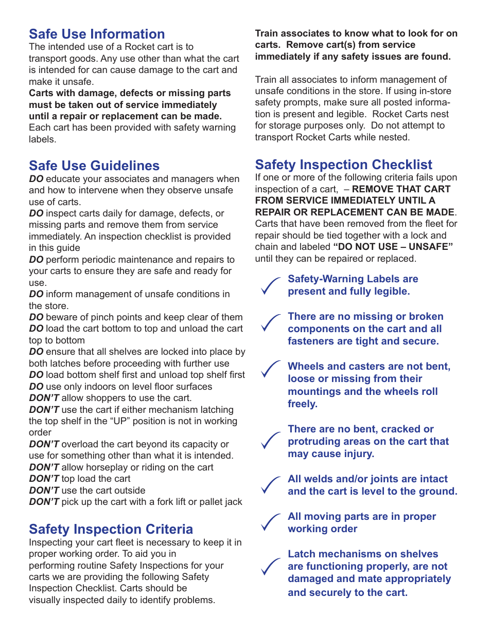 Safe use information, Safe use guidelines, Safety inspection criteria | Safety inspection checklist | National Cart ST- ROCKET CART User Manual | Page 2 / 8
