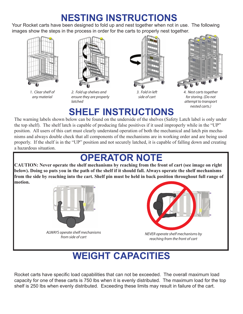 Nesting instructions, Shelf instructions, Weight capacities | National Cart ST- ROCKET CART User Manual | Page 3 / 8