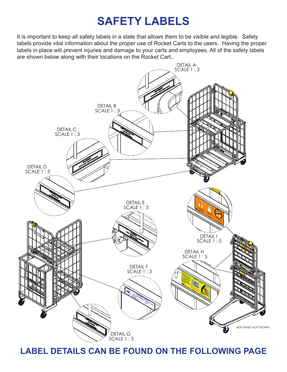 Safety labels, Label details can be found on the following page | National Cart ST- ROCKET CART User Manual | Page 4 / 8