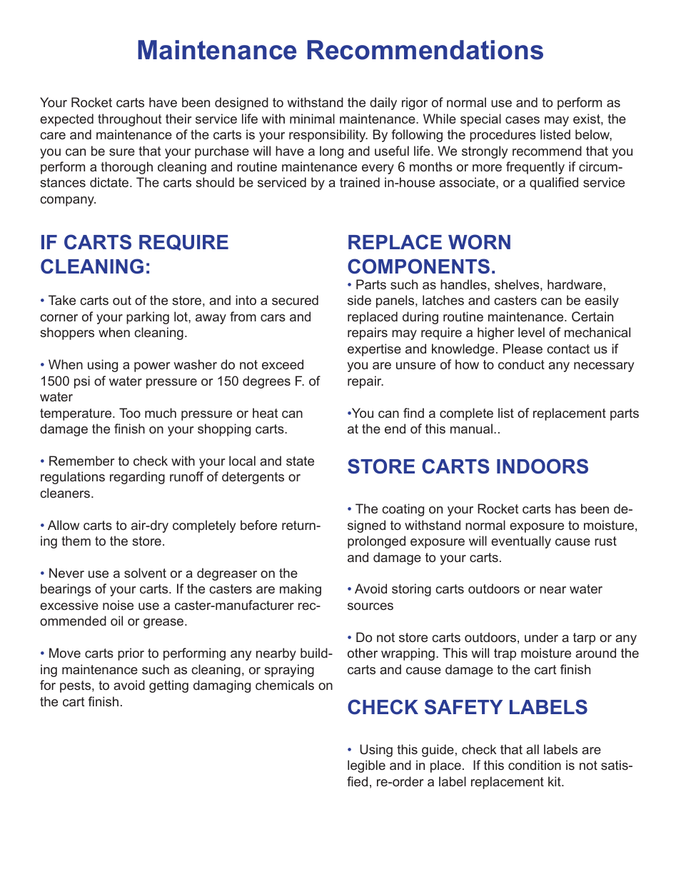 Maintenance recommendations, If carts require cleaning, Replace worn components | Store carts indoors, Check safety labels | National Cart ST- ROCKET CART User Manual | Page 6 / 8