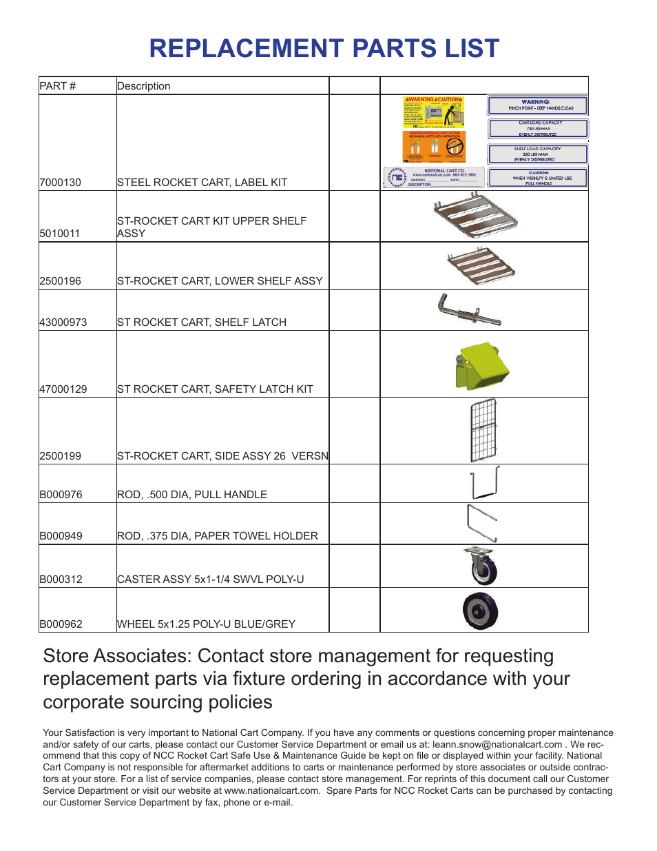 Replacement parts list | National Cart ST- ROCKET CART User Manual | Page 7 / 8