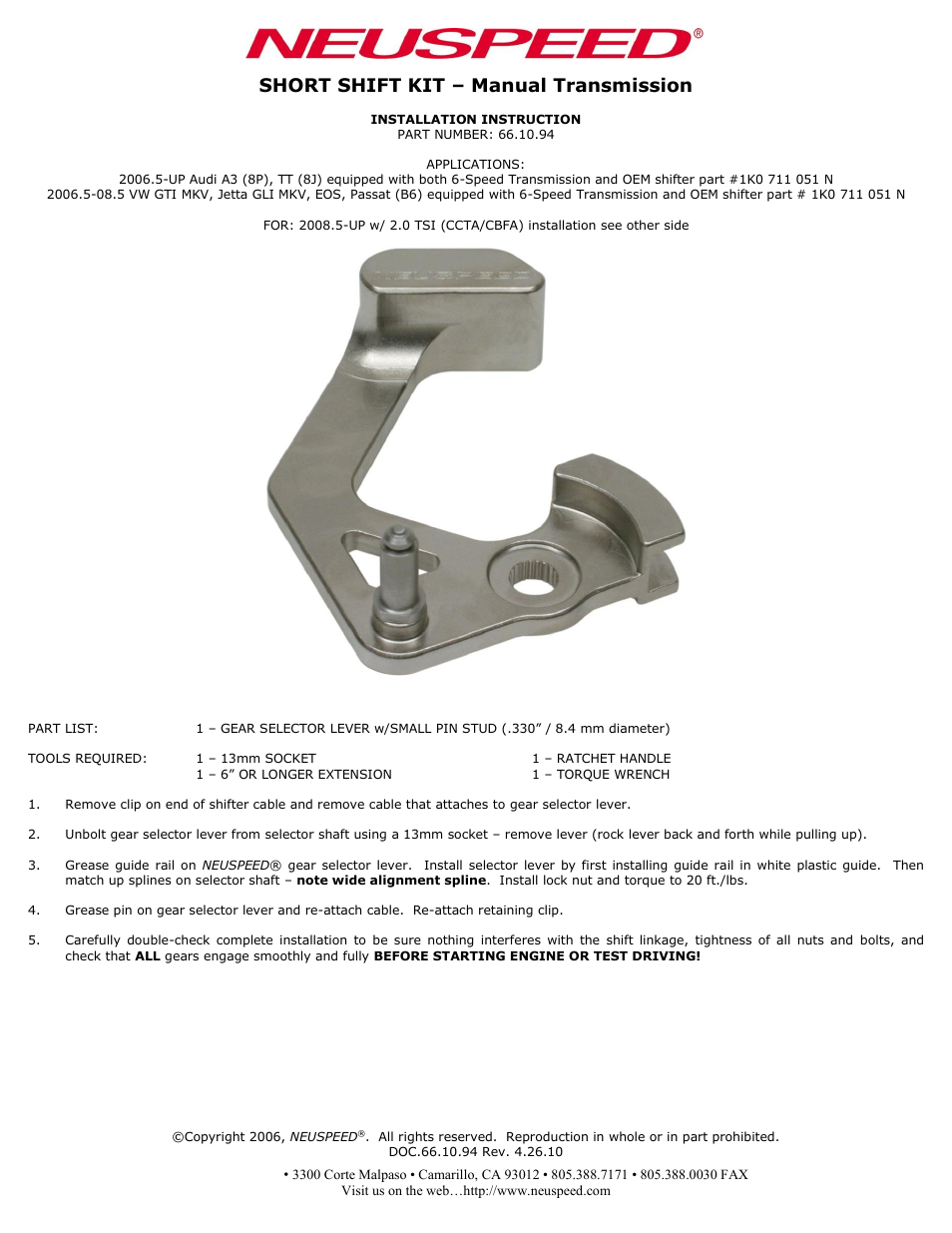 Neuspeed 66.10.94 User Manual | 2 pages