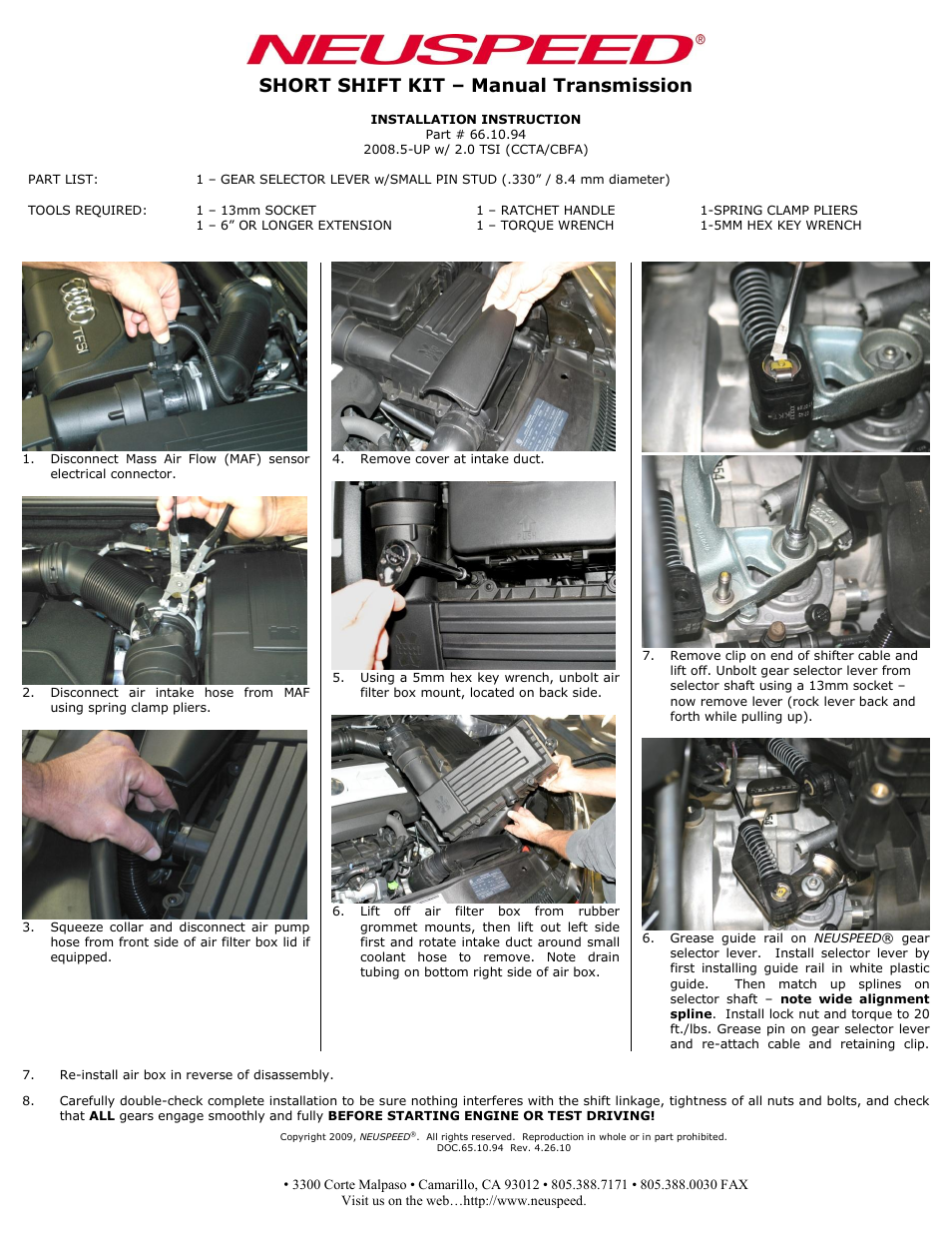 Short shift kit – manual transmission | Neuspeed 66.10.94 User Manual | Page 2 / 2