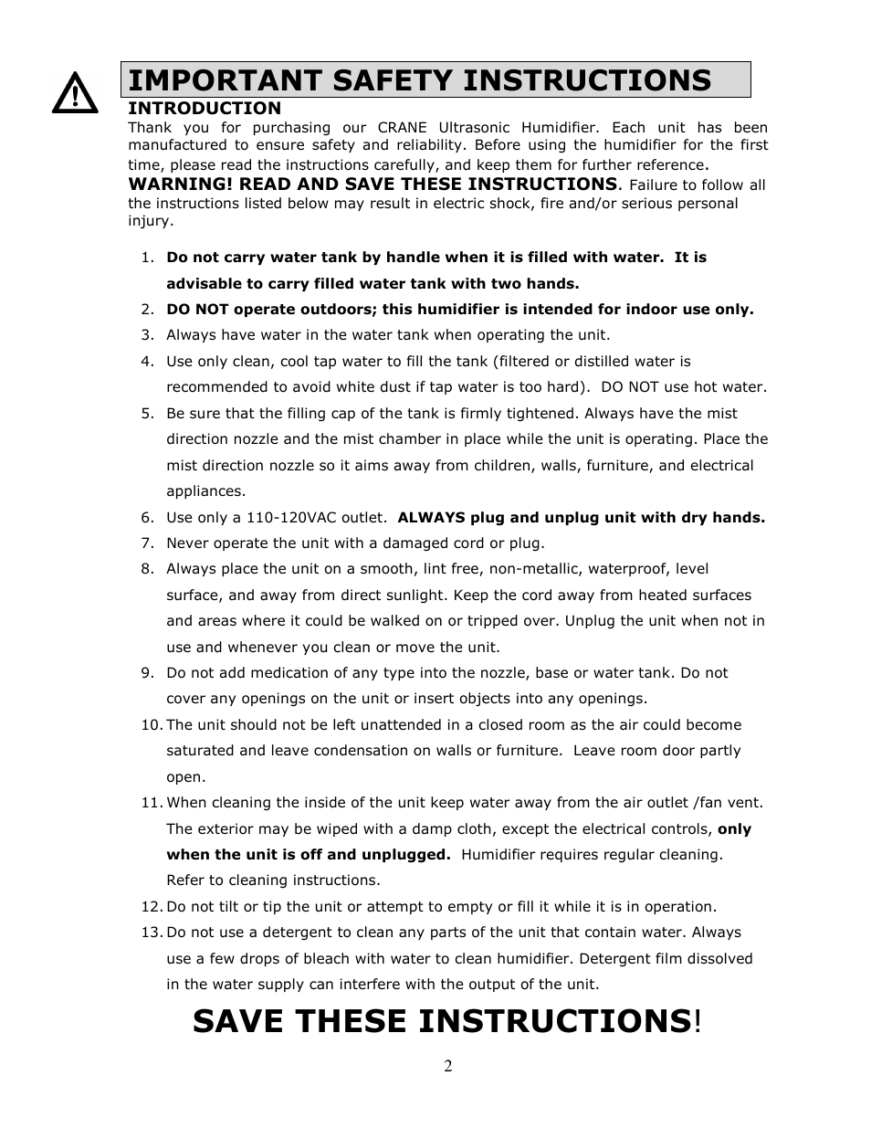 Save these instructions, Important safety instructions | Crane EE-864 User Manual | Page 3 / 14