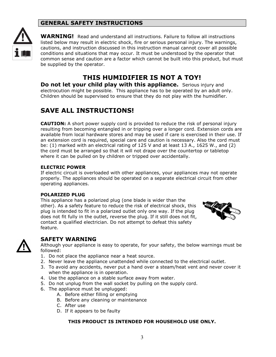 This humidifier is not a toy, Save all instructions | Crane EE-864 User Manual | Page 4 / 14