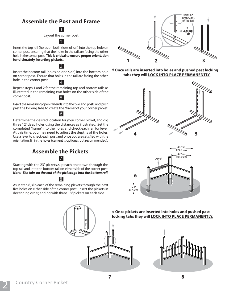 Nea_eden_countrycornerpicket-pg2-1008, Assemble the post and frame, Assemble the pickets | New England Arbors VA20234 User Manual | Page 2 / 2