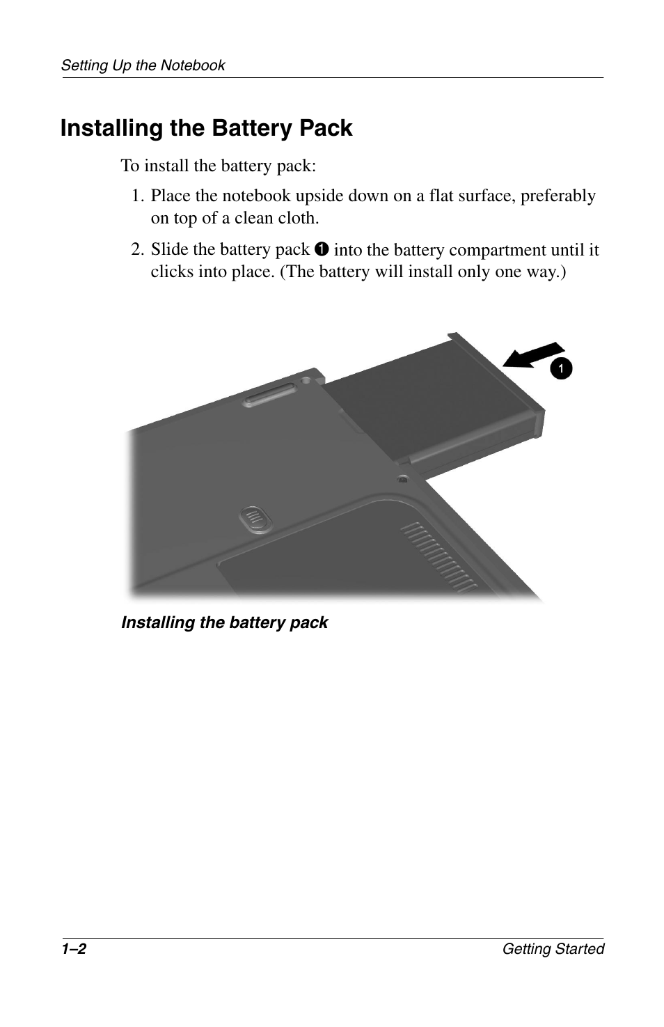 Installing the battery pack, Installing the battery pack –2 | Compaq Notebook Series User Manual | Page 10 / 56