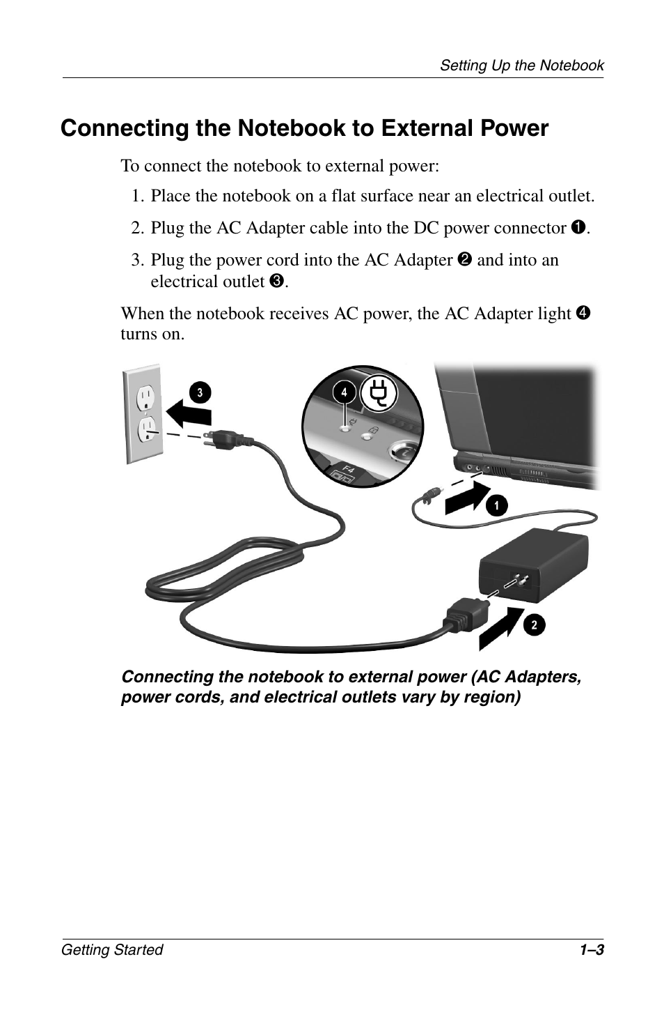 Connecting the notebook to external power, Connecting the notebook to external power –3 | Compaq Notebook Series User Manual | Page 11 / 56