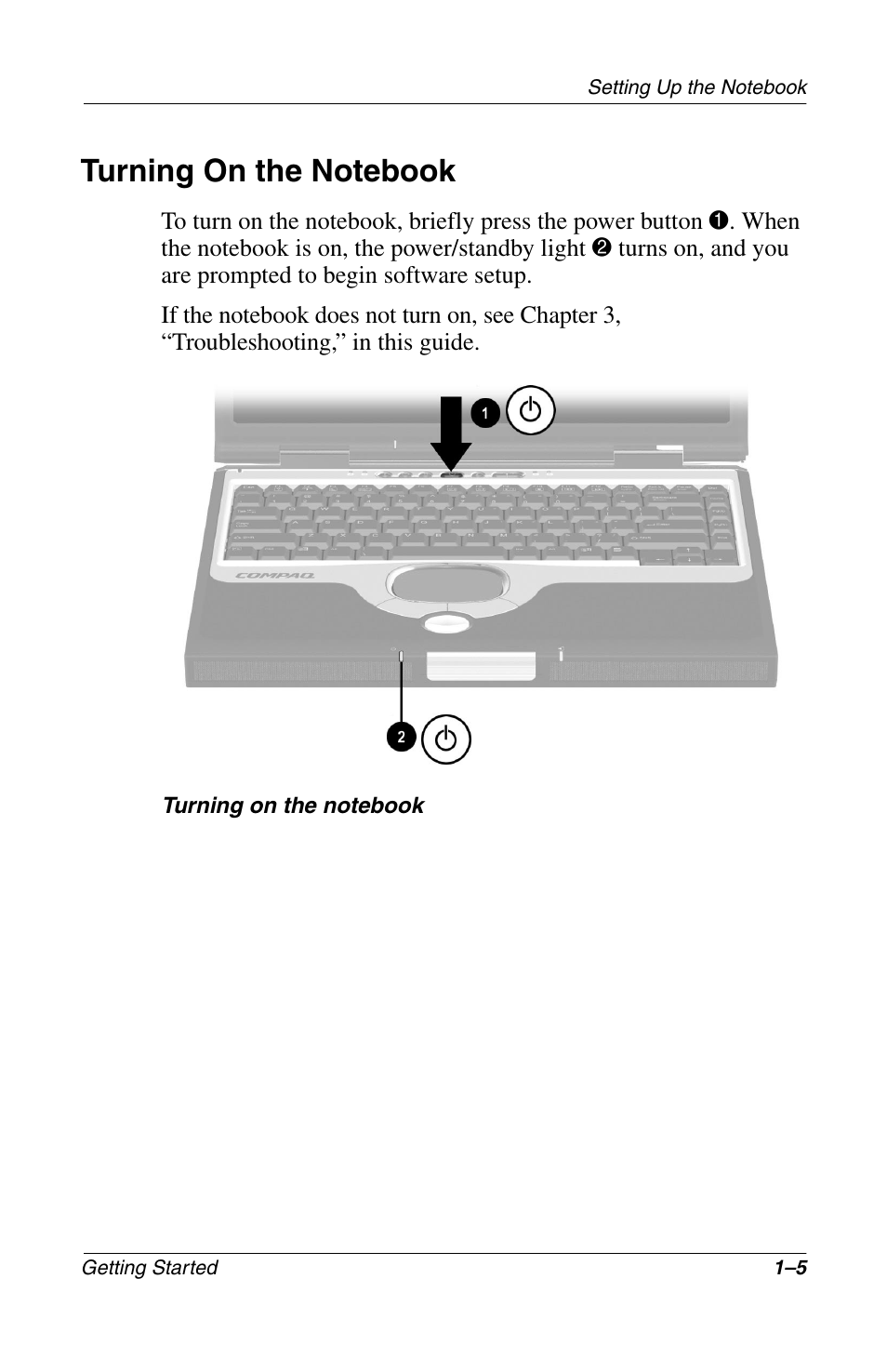 Turning on the notebook, Turning on the notebook –5 | Compaq Notebook Series User Manual | Page 13 / 56