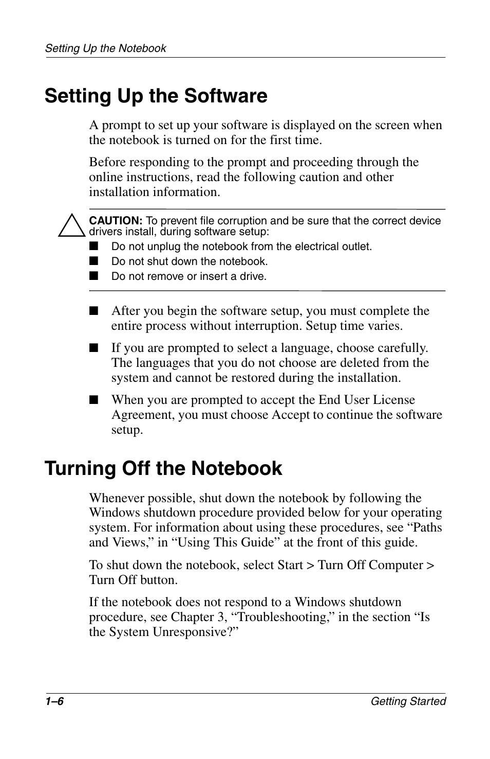Setting up the software, Turning off the notebook | Compaq Notebook Series User Manual | Page 14 / 56