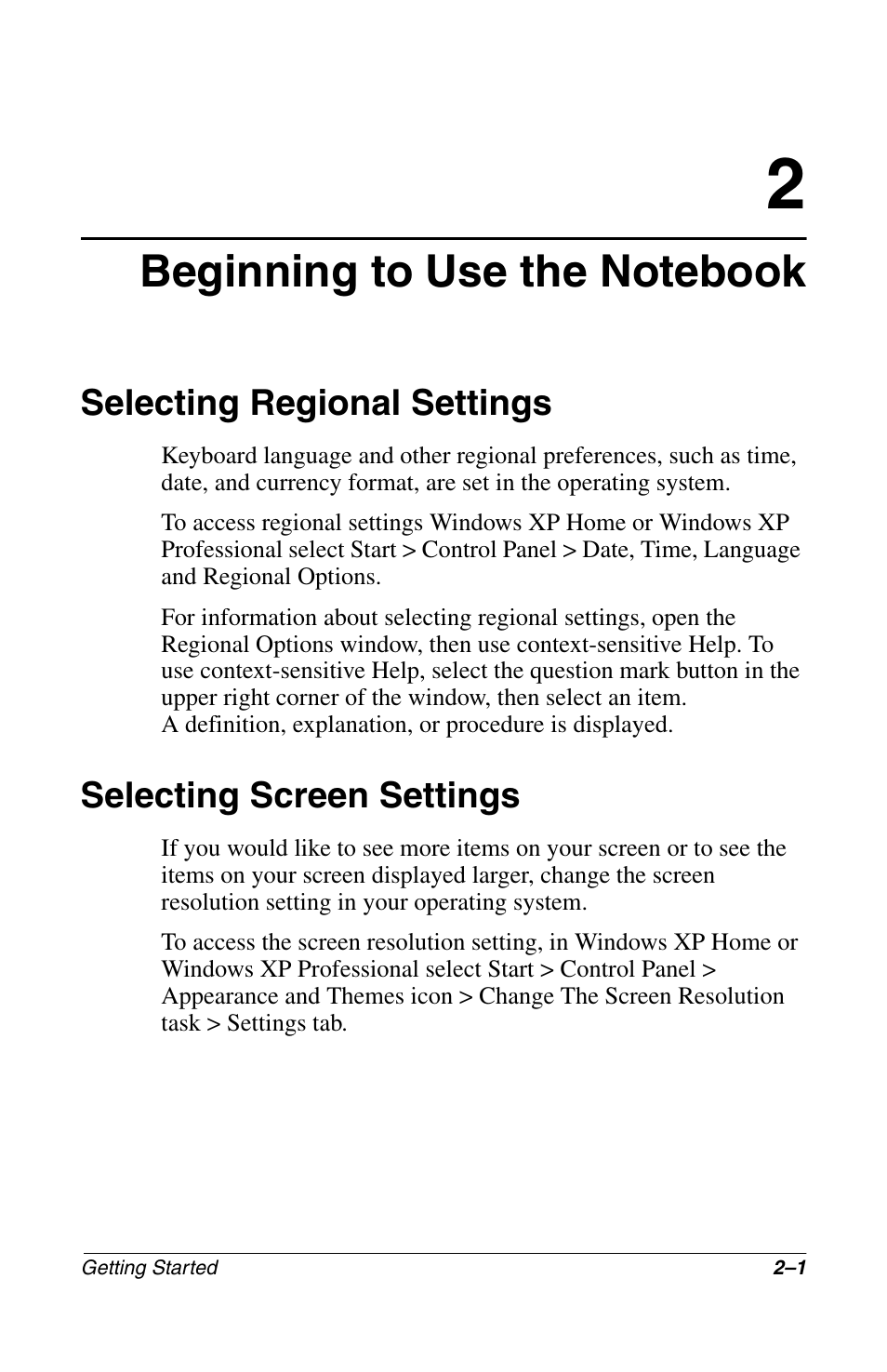 Beginning to use the notebook, Selecting regional settings, Selecting screen settings | Compaq Notebook Series User Manual | Page 17 / 56