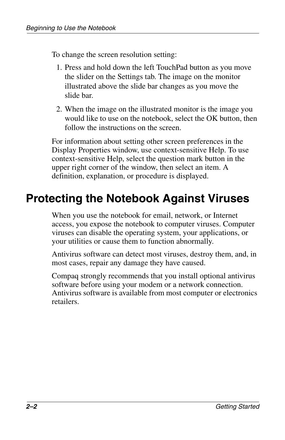 Protecting the notebook against viruses, Protecting the notebook against viruses –2 | Compaq Notebook Series User Manual | Page 18 / 56