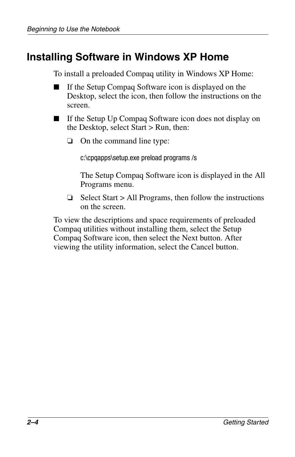 Installing software in windows xp home, Installing software in windows xp home –4 | Compaq Notebook Series User Manual | Page 20 / 56