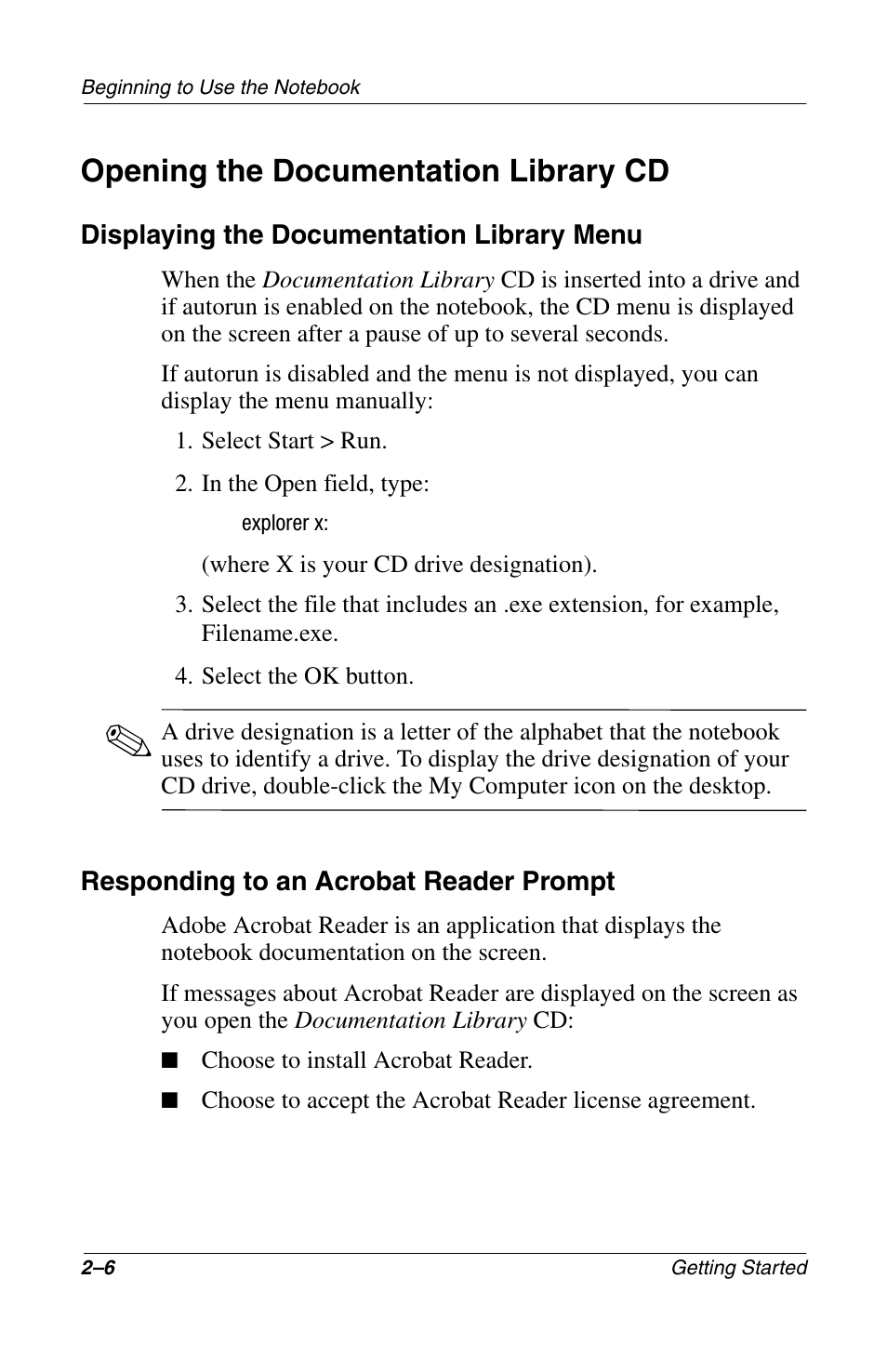 Opening the documentation library cd, Opening the documentation library cd –6 | Compaq Notebook Series User Manual | Page 22 / 56