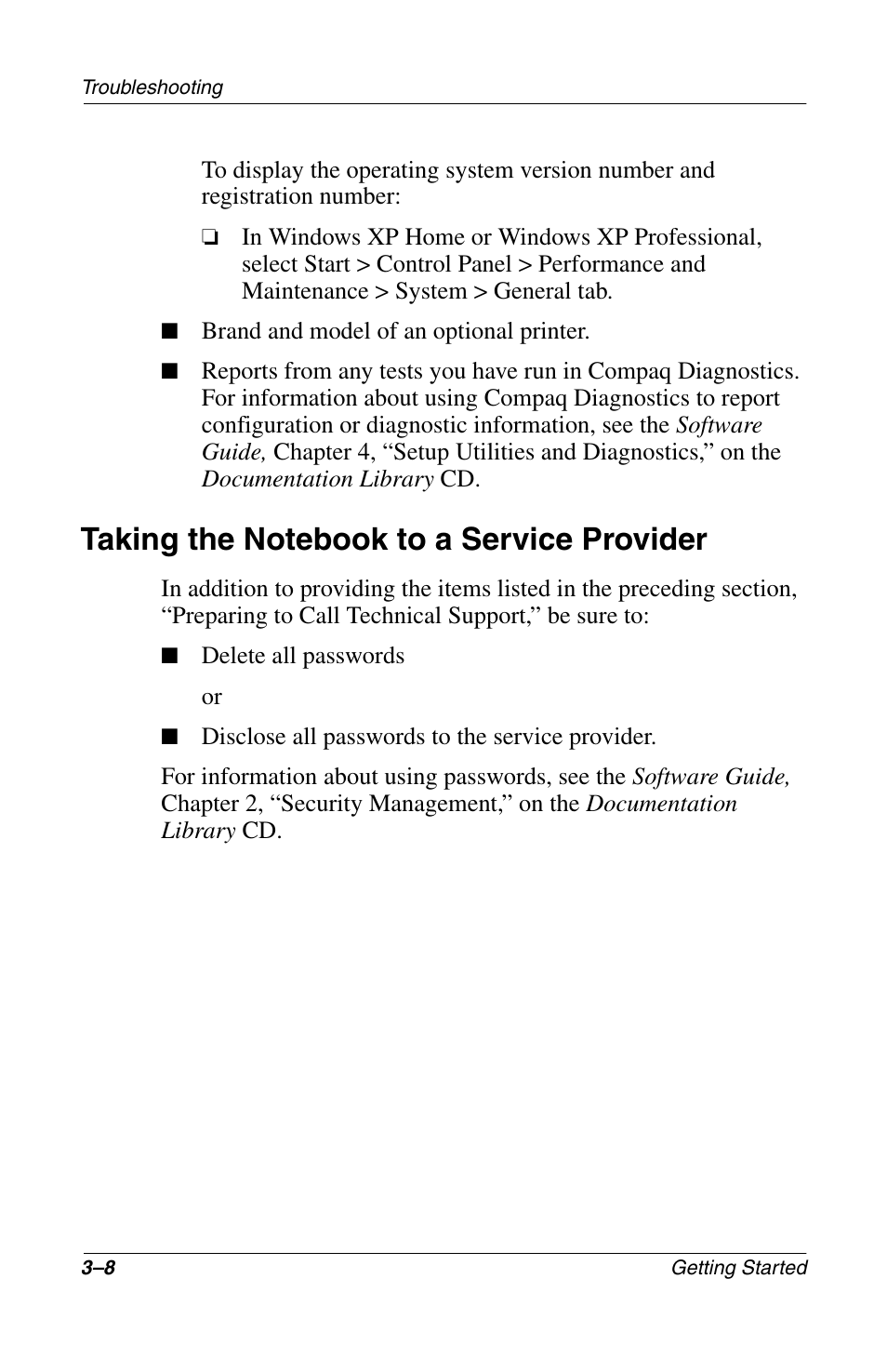 Taking the notebook to a service provider, Taking the notebook to a service provider –8 | Compaq Notebook Series User Manual | Page 32 / 56