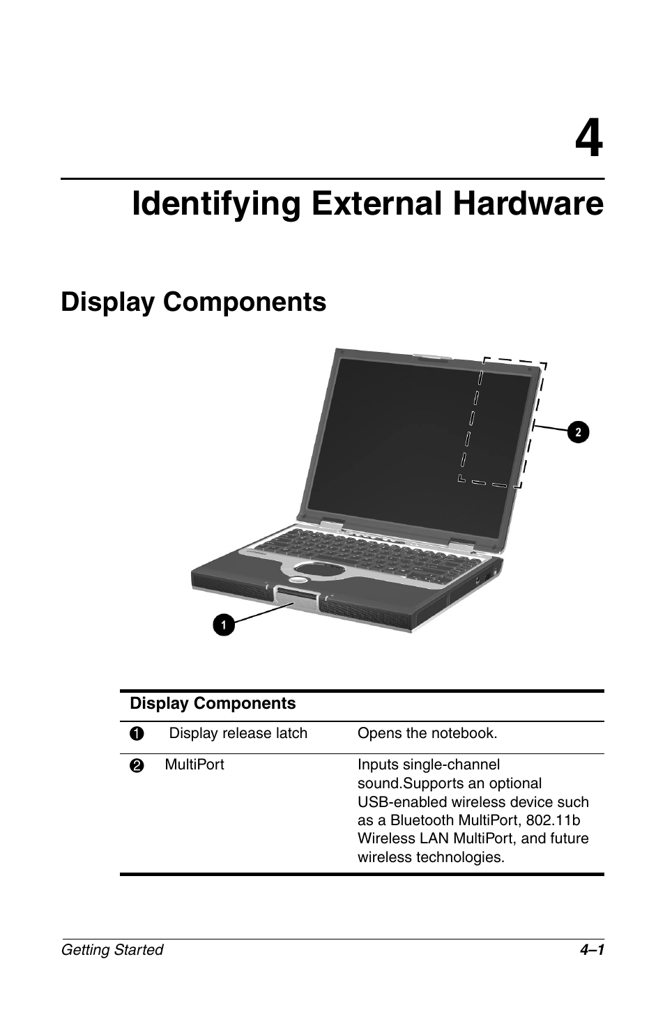 Identifying external hardware, Display components, Display components –1 | Compaq Notebook Series User Manual | Page 33 / 56