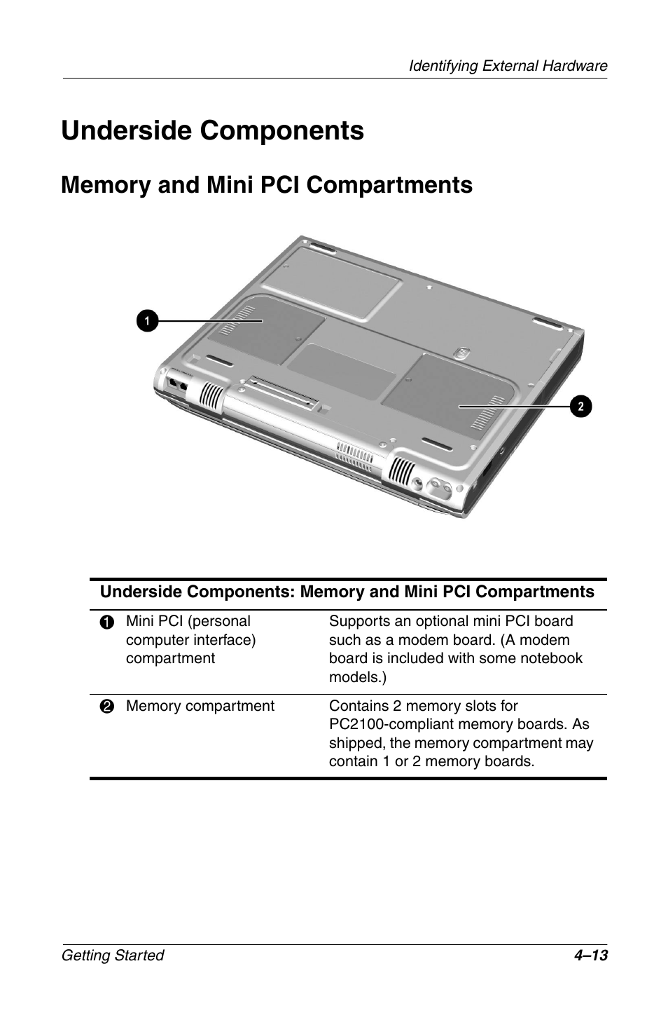 Underside components, Memory and mini pci compartments, Underside components –13 | Memory and mini pci compartments –13 | Compaq Notebook Series User Manual | Page 45 / 56