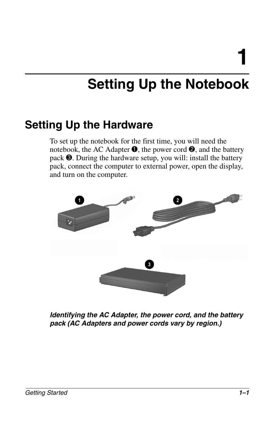 Setting up the notebook, Setting up the hardware, Setting up the hardware –1 | Compaq Notebook Series User Manual | Page 9 / 56