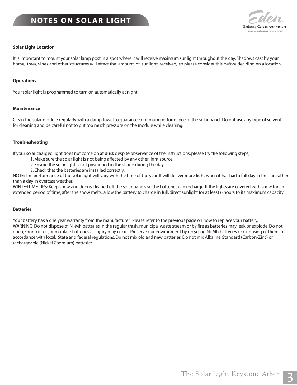 The solar light keystone arbor | New England Arbors VA20200 User Manual | Page 3 / 3