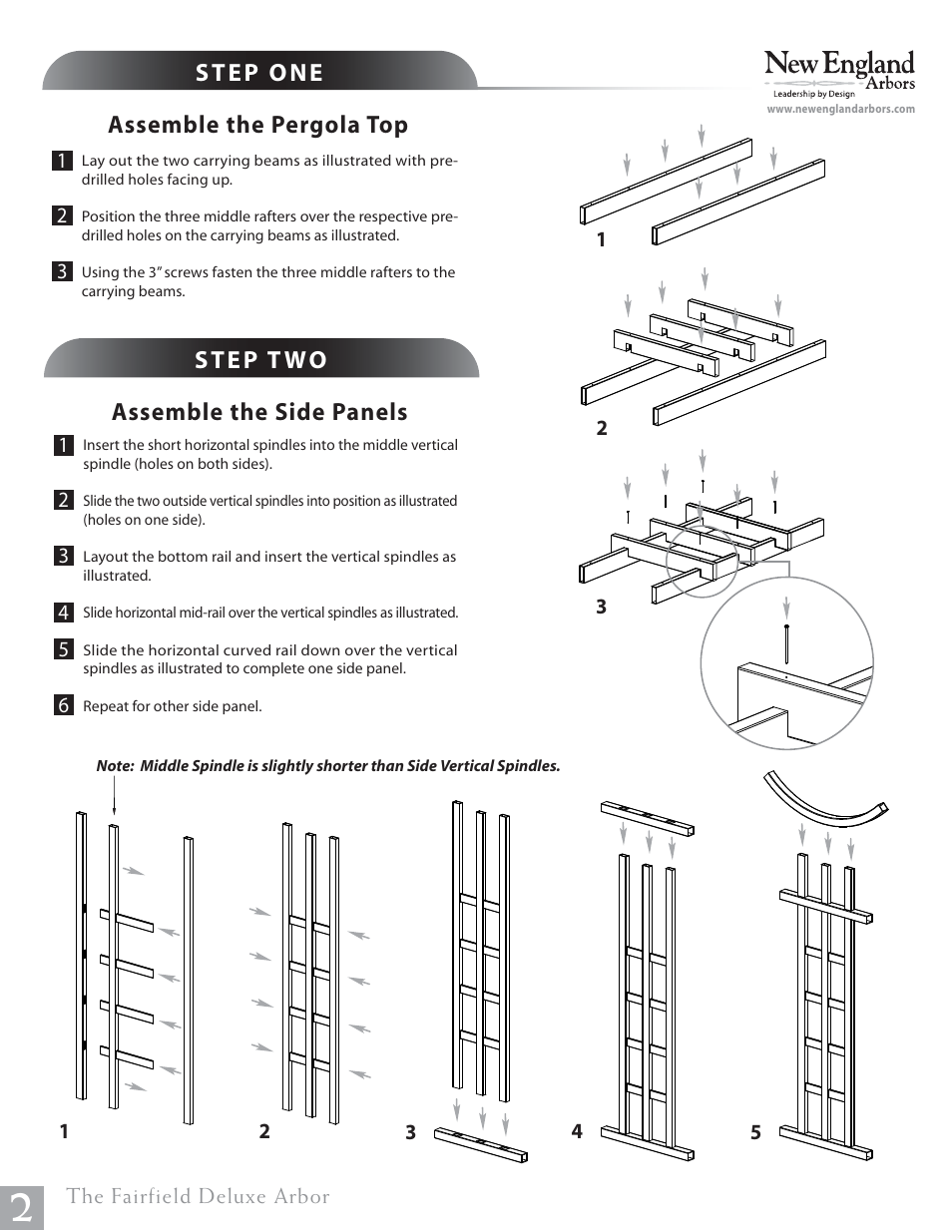 Step one, Assemble the pergola top, Step t wo | Assemble the side panels | New England Arbors VA84242 User Manual | Page 2 / 5