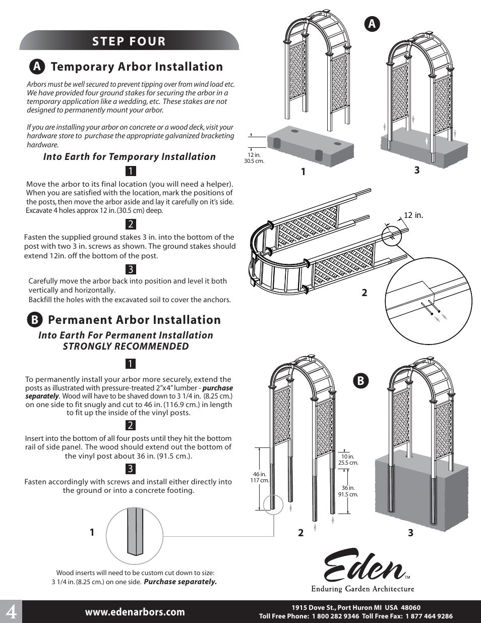 Temporary arbor installation, Permanent arbor installation a | New England Arbors VA68103 User Manual | Page 4 / 4