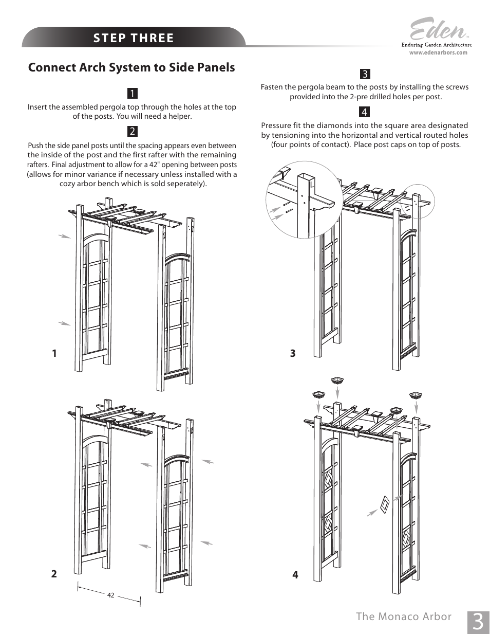 Connect arch system to side panels, 1the monaco arbor | New England Arbors VA68122 User Manual | Page 3 / 4