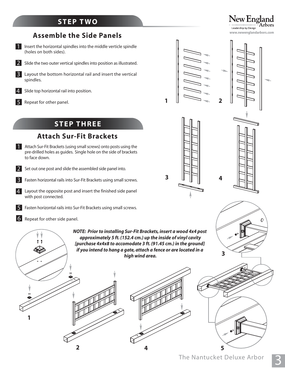 Step t wo, Assemble the side panels, Step three attach sur-fit brackets | New England Arbors VA84240 User Manual | Page 3 / 5